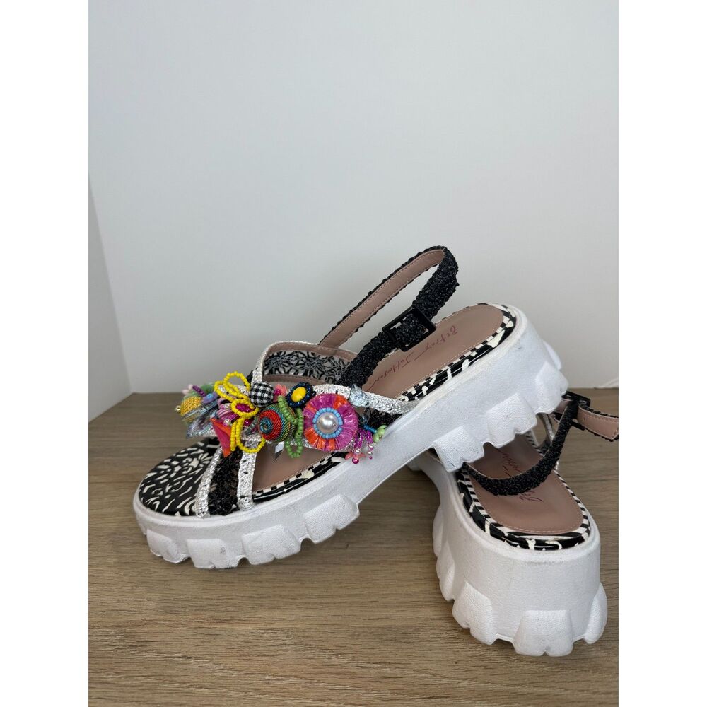 Betsey Johnson Black & White Platform Sandals with Multicolor Embellishments - Picture 5 of 9